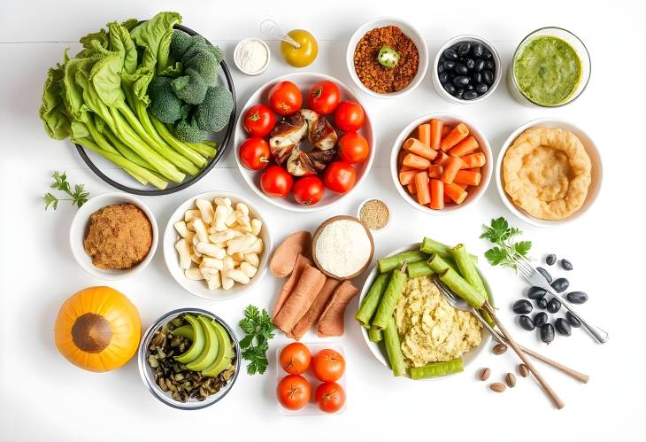 Diverse Healthy Foods Flat Lay on Bright Surface